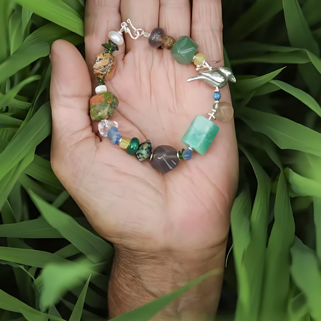 Poetry of Trees, handmade aventurine & jade, unakite & jasper and labradorite bracelet worn on the hand