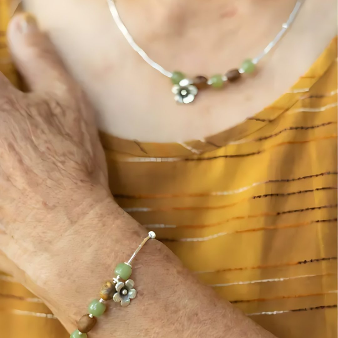 A Small Forest, handmade aventurine & jade, tiger's eye and S925 silver necklace worn on the hand