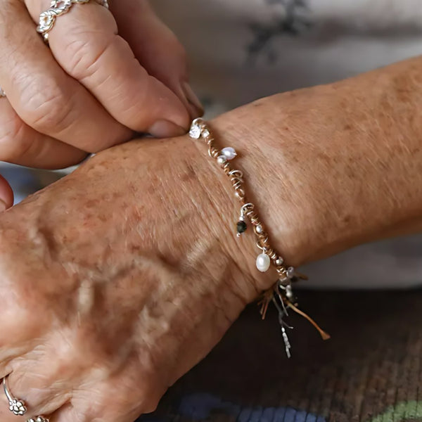 After-Rain Path, handmade pearl, smoky quartz and S925 silver cord bracelet worn on the hand