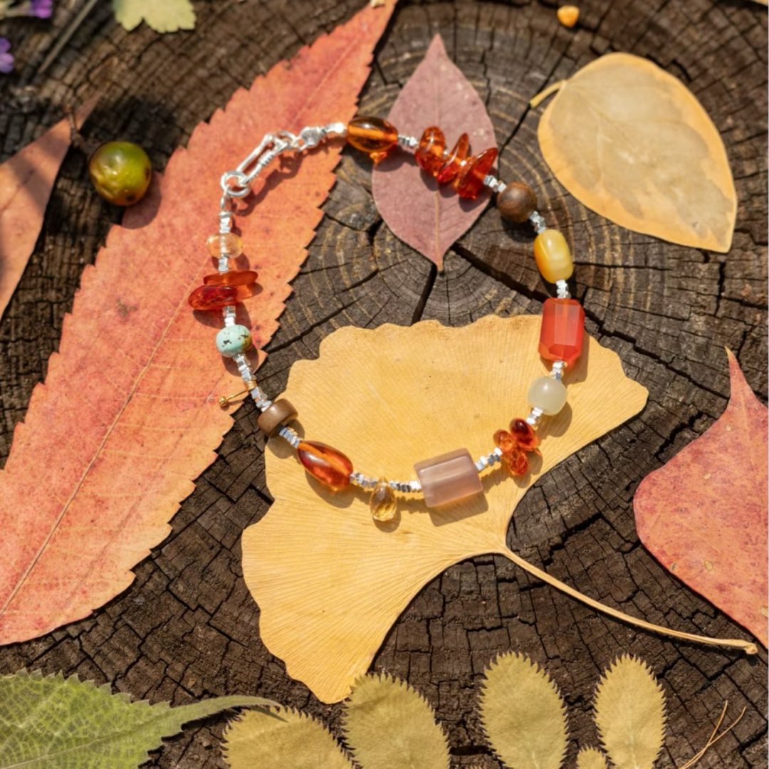 Amber Leaves, handmade amber, carnelian and turquoise bracelet
