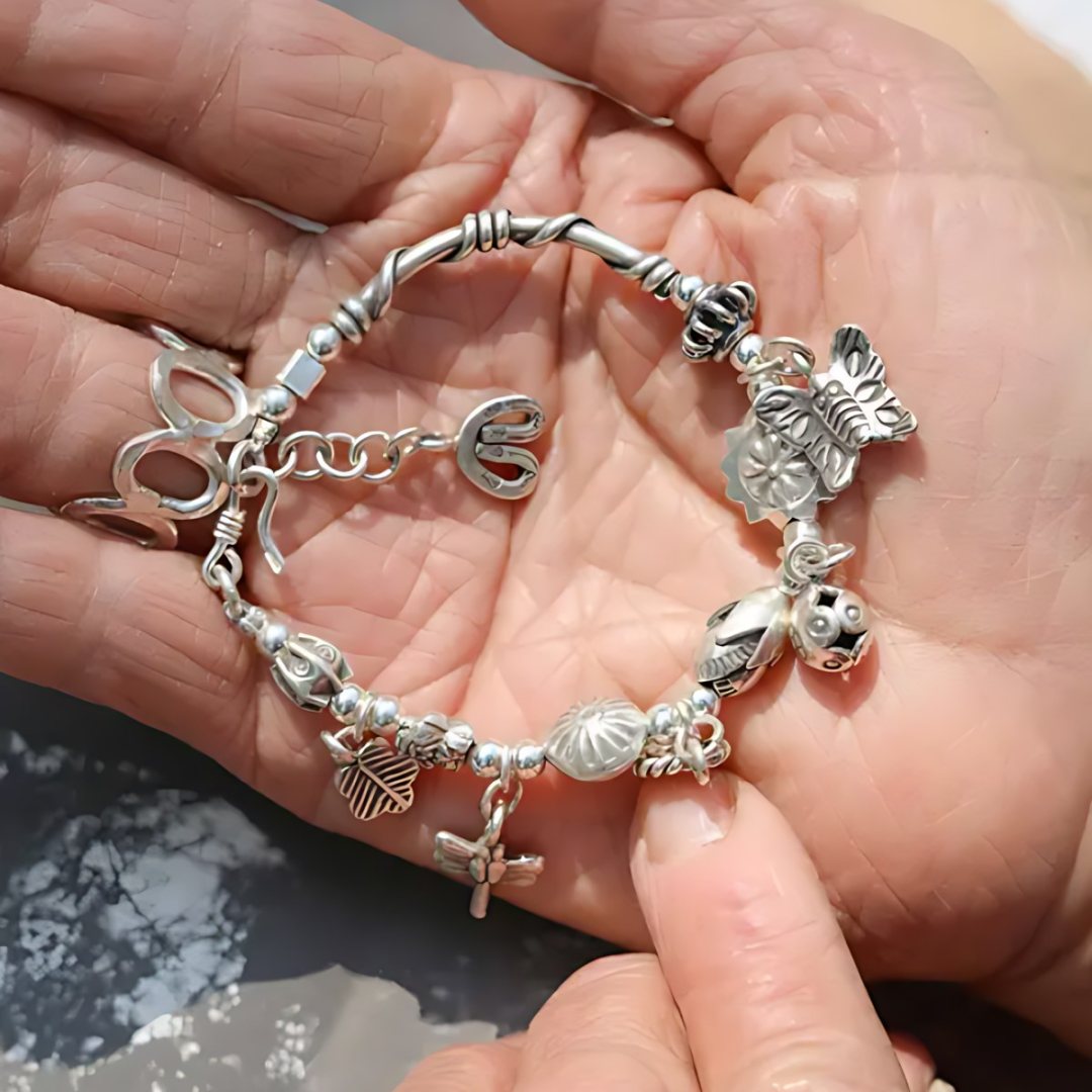 Grandma's Treasure Charms, handmade S925 silver bracelet worn on the hand