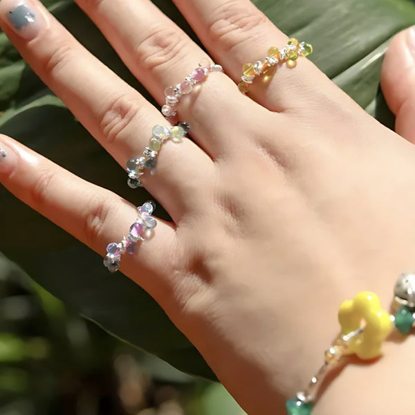 Little Sunbeams, handmade tourmaline, citrine and pearl ring worn on the hand