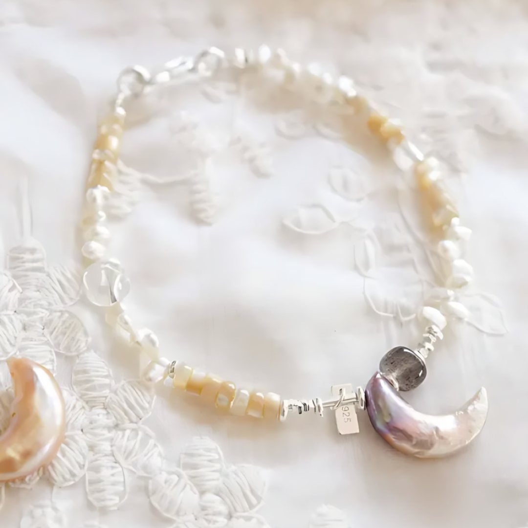 Moon on the Sand, handmade pearl and clear quartz bracelet