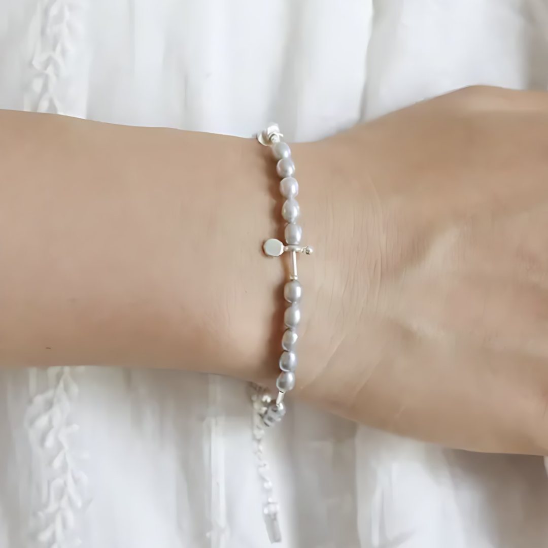 Morning Fog Pearls, handmade pearl bracelet worn on the hand