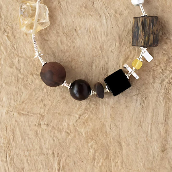 Nest of Stones, handmade smoky quartz, citrine and agarwood & sandalwood bracelet