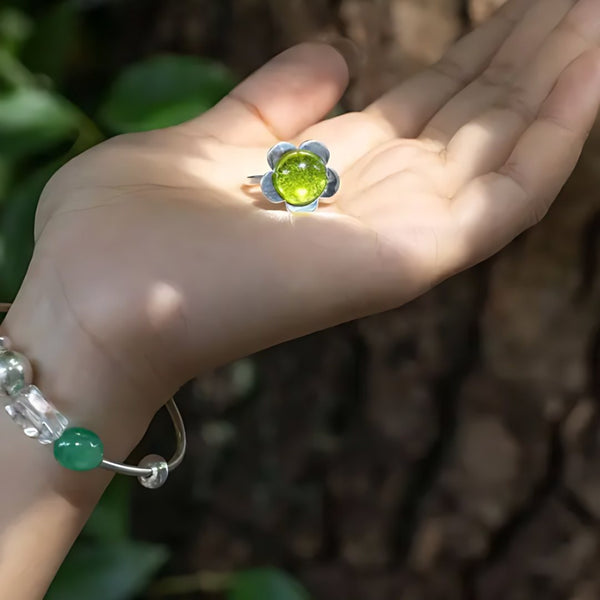 New Leaf Bloom, handmade aventurine & jade ring worn on the hand