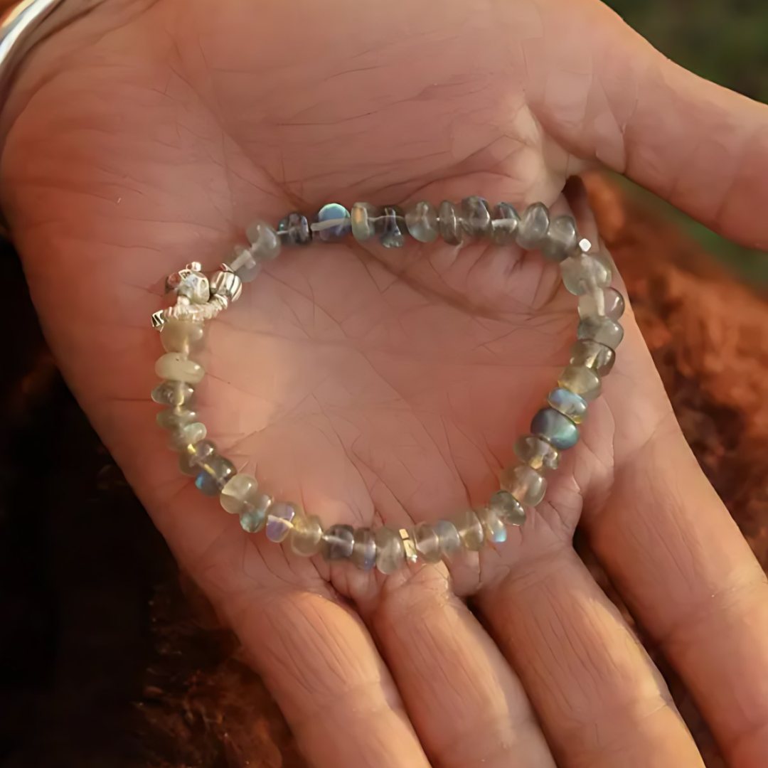 Night Swim, handmade labradorite bracelet worn on the hand