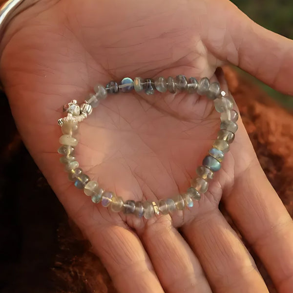 Night Swim, handmade labradorite bracelet worn on the hand