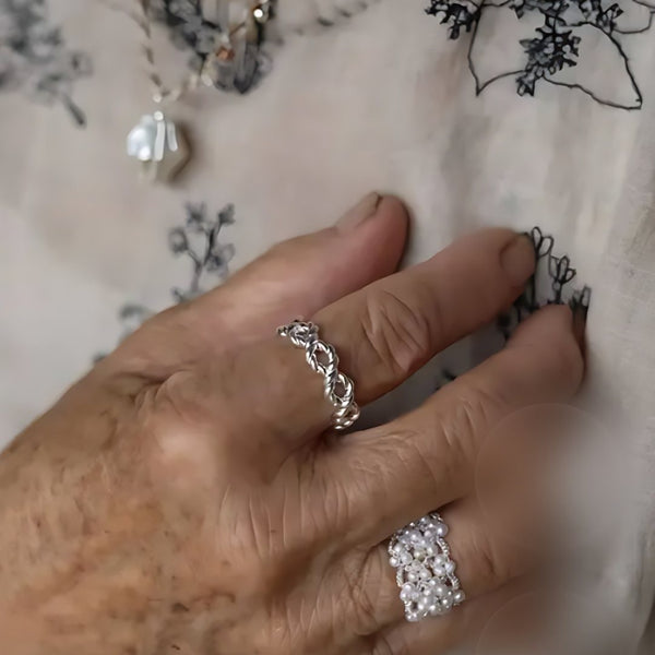 Sea Foam Lace, handmade pearl ring worn on the hand