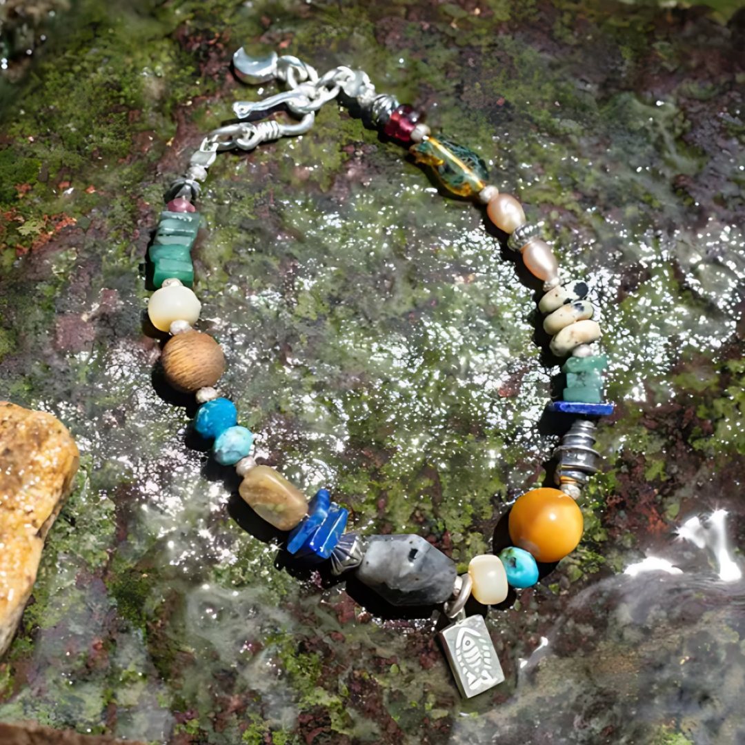 Stones the River Kept, handmade turquoise, lapis lazuli and pearl bracelet