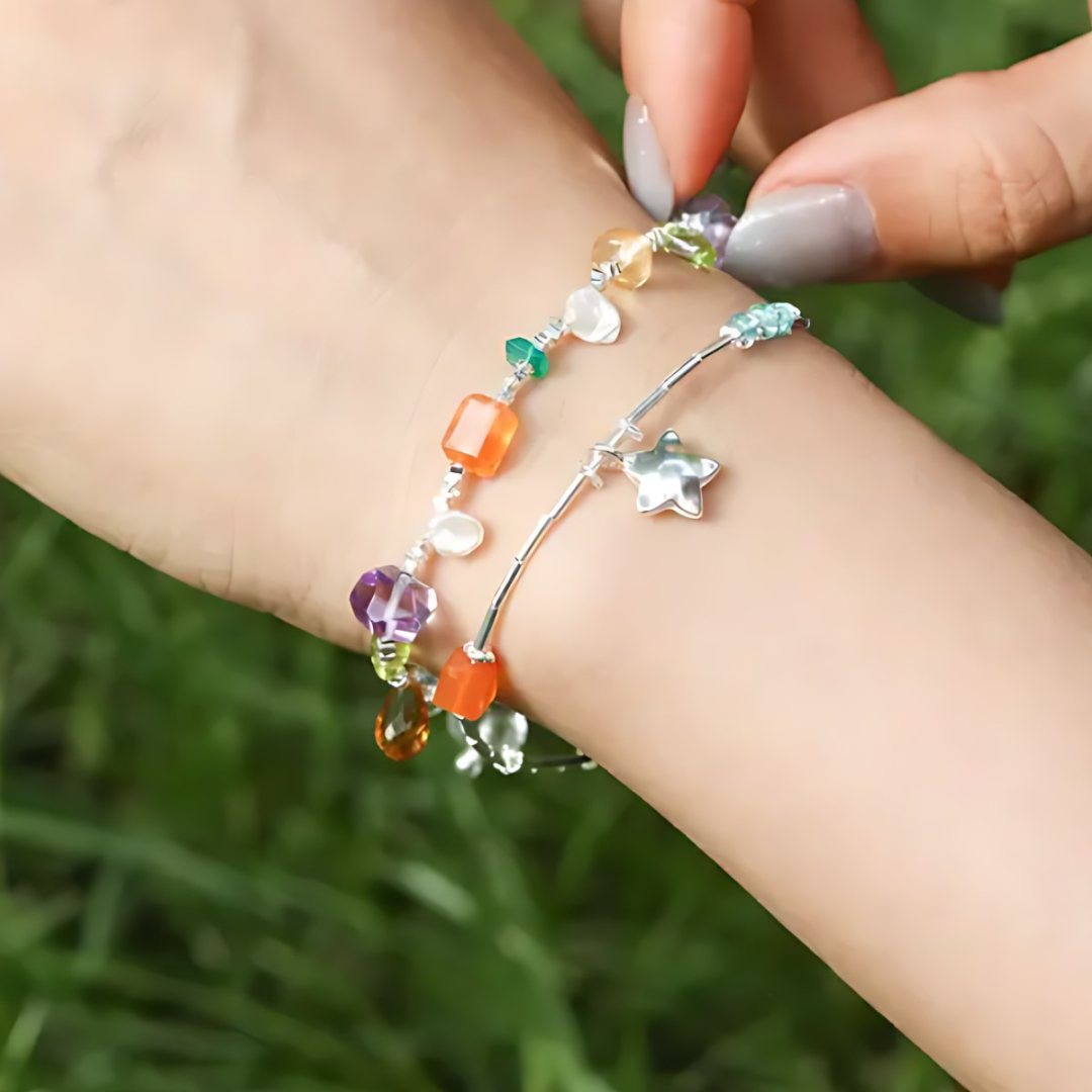 Summer Star Duet, handmade carnelian, amethyst and citrine bracelet worn on the hand
