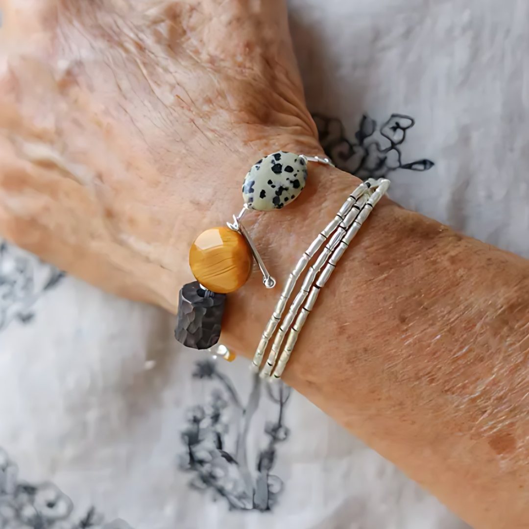 Three Field Rows, handmade tiger's eye, unakite & jasper and S925 silver bracelet worn on the hand