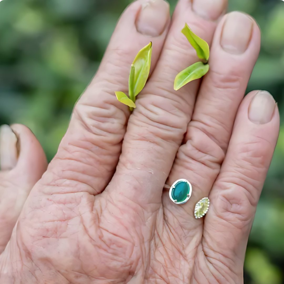 Two Leaves Talking, handmade turquoise and citrine ring worn on the hand