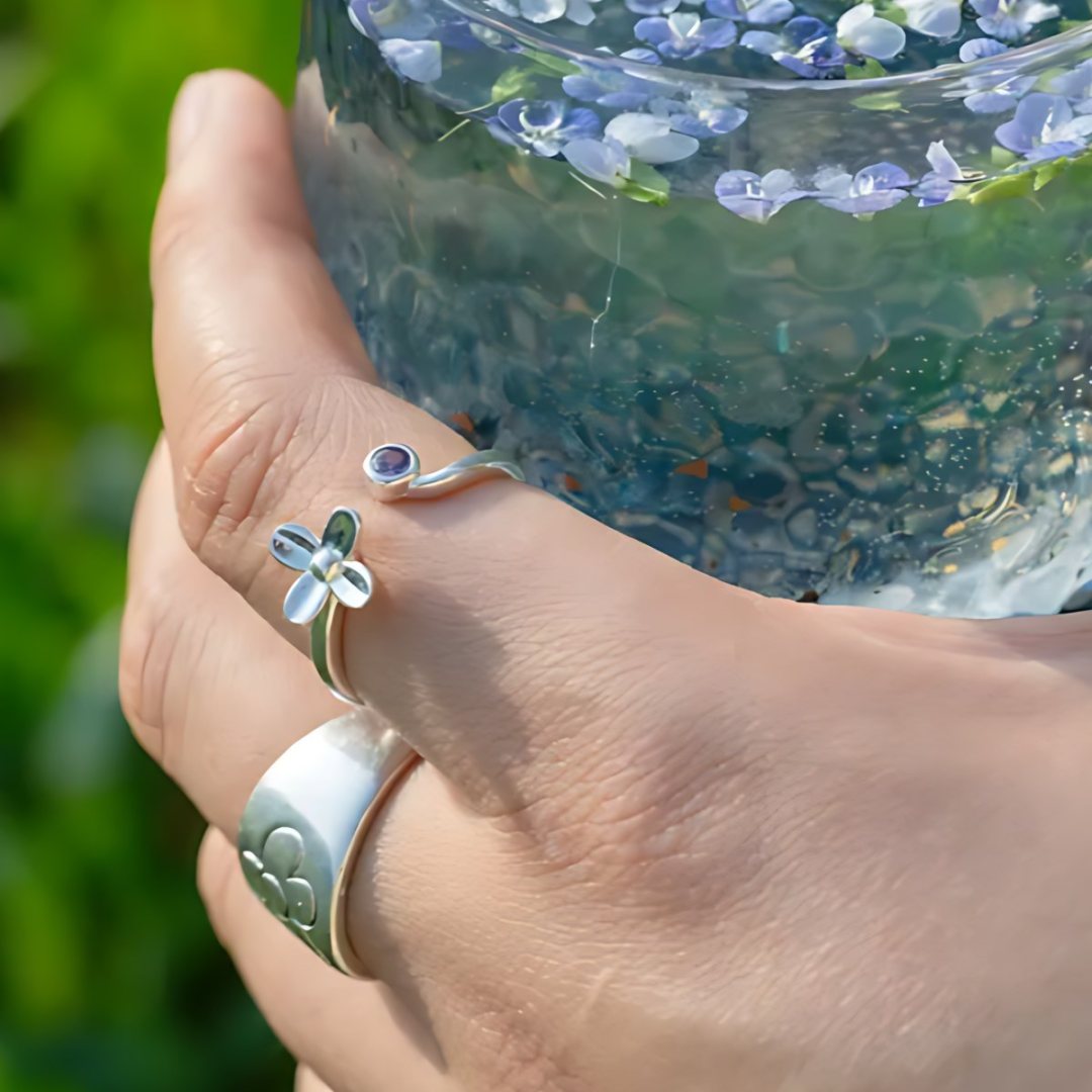 Violet Whisper, handmade amethyst and S925 silver ring worn on the hand